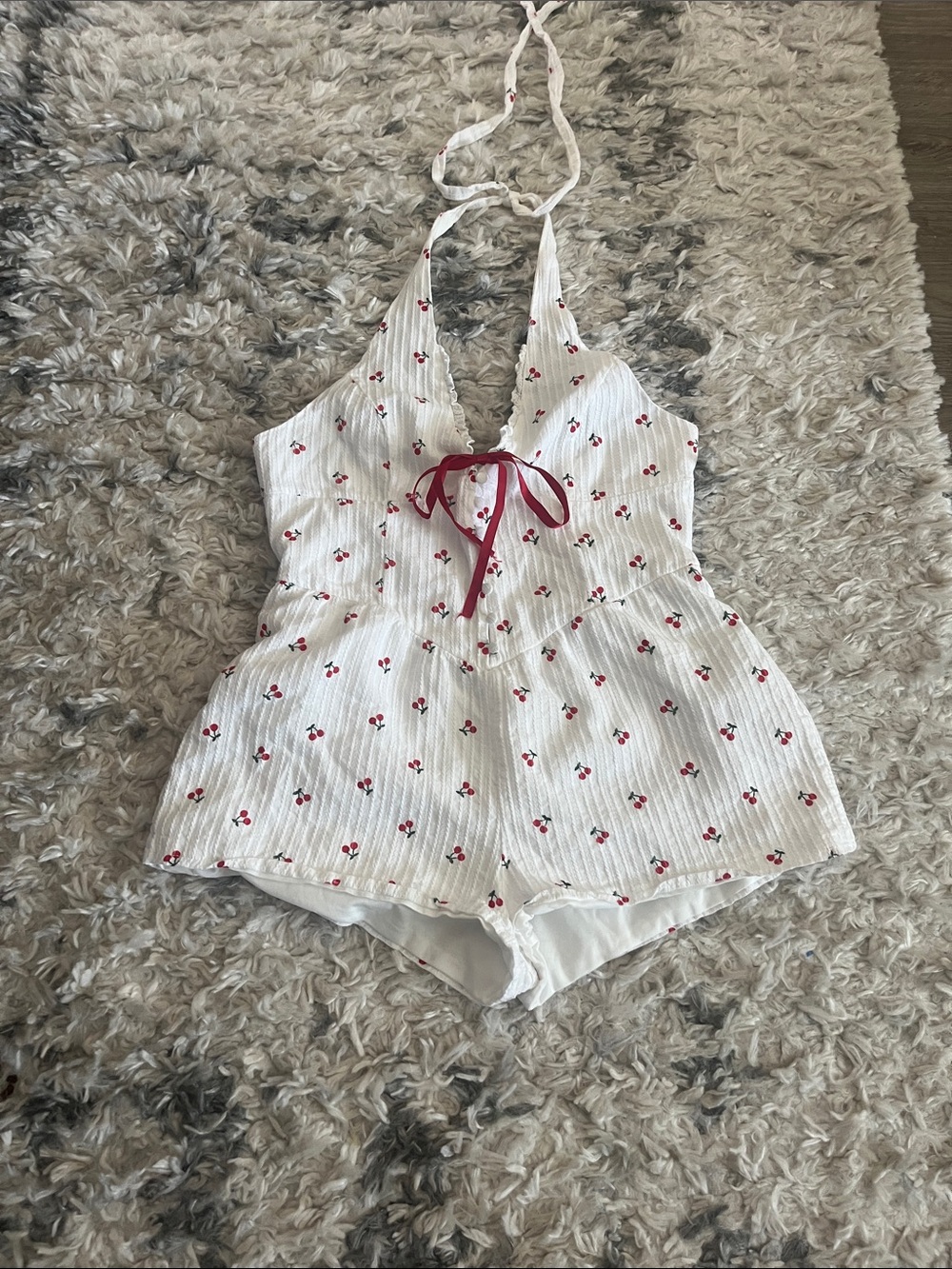 Fashion Nova White Cherry-Print Halter Romper with Red Tie XL